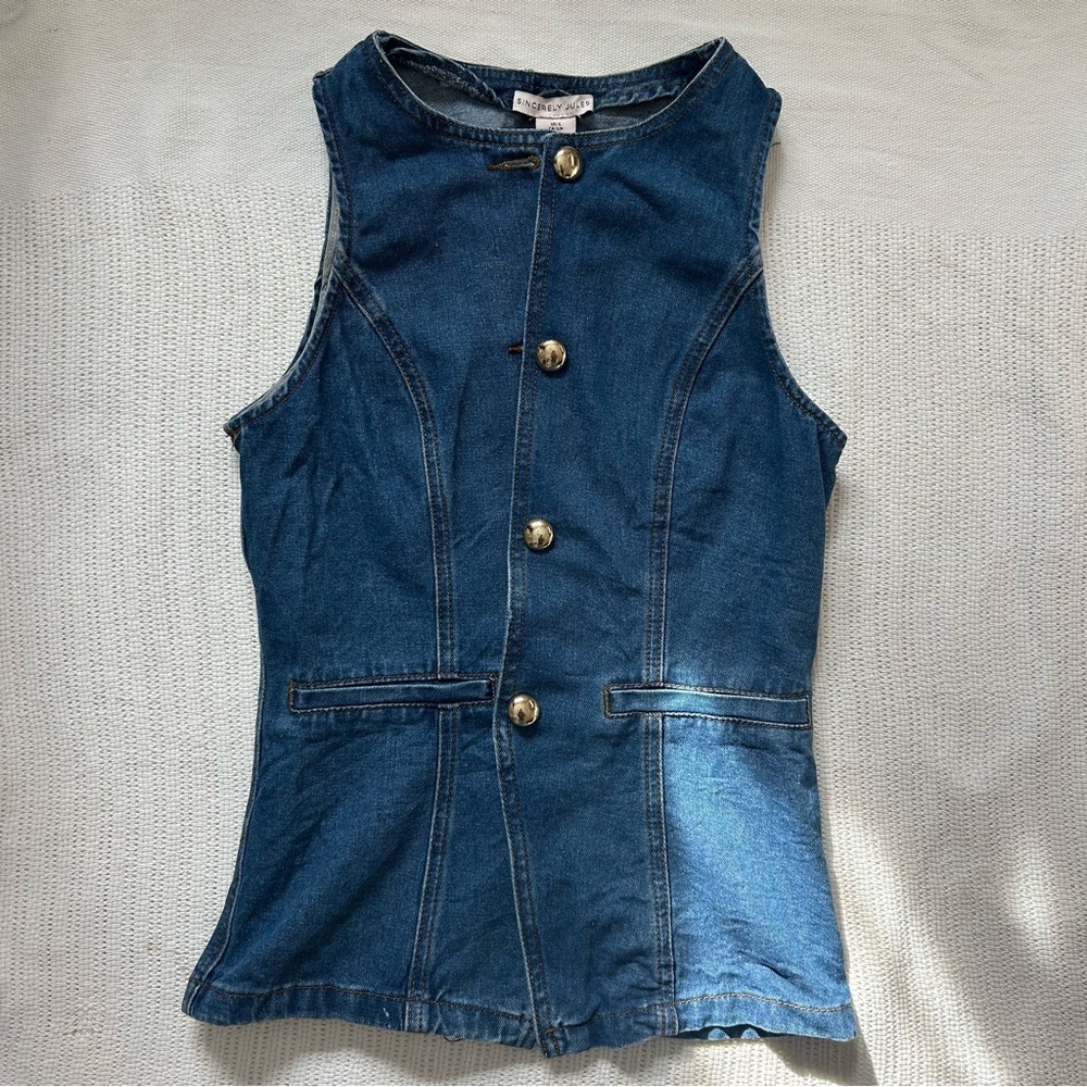 Sincerely Jules Blue Denim Vest with Gold Accents
